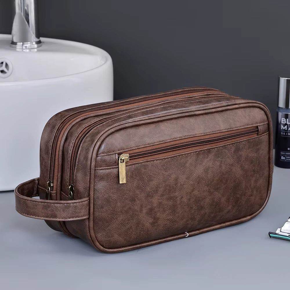 Double-Layer Toiletry Bag for Men PU Leather Travel Wash Organizer Dopp Kit Water-Resistant Shaving Cosmetic Bag Strorage