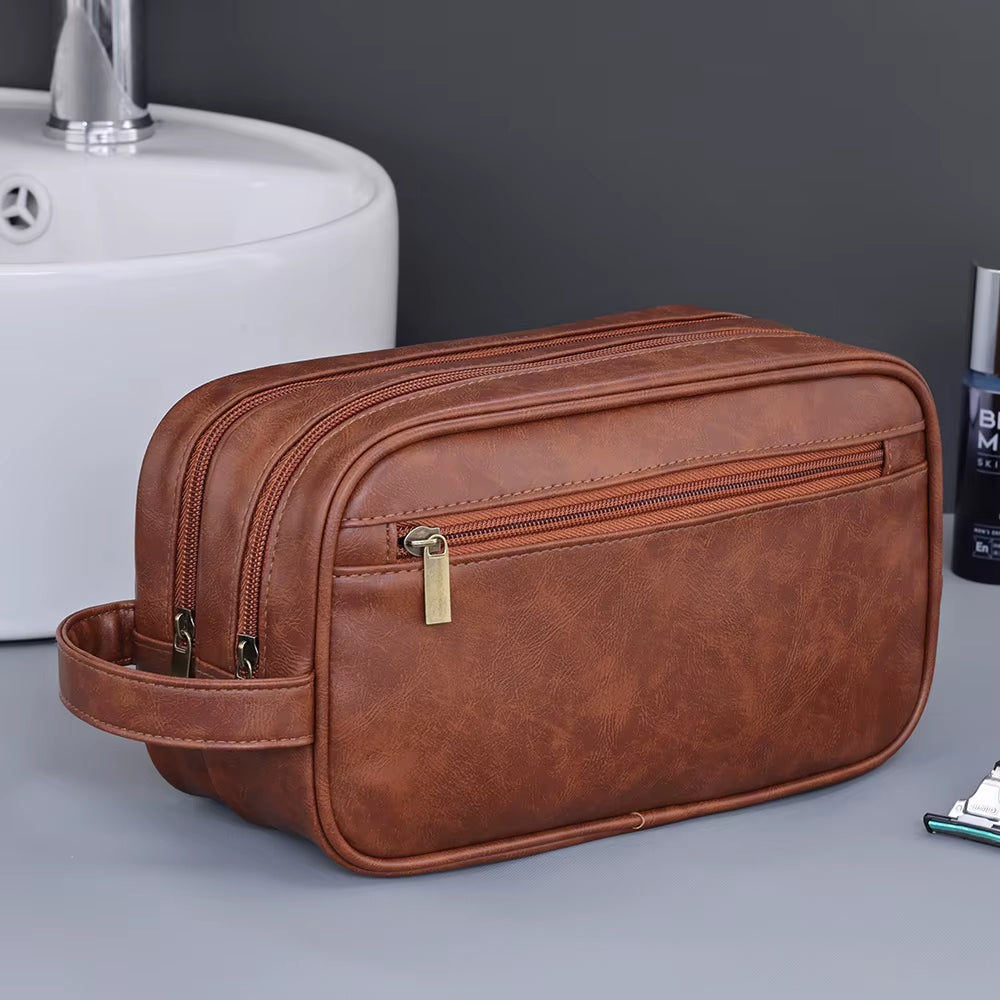 Double-Layer Toiletry Bag for Men PU Leather Travel Wash Organizer Dopp Kit Water-Resistant Shaving Cosmetic Bag Strorage