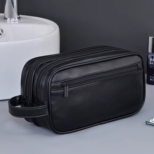 Double-Layer Toiletry Bag for Men PU Leather Travel Wash Organizer Dopp Kit Water-Resistant Shaving Cosmetic Bag Strorage