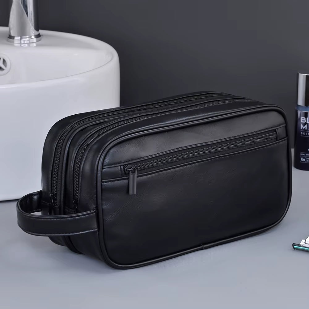 Double-Layer Toiletry Bag for Men PU Leather Travel Wash Organizer Dopp Kit Water-Resistant Shaving Cosmetic Bag Strorage