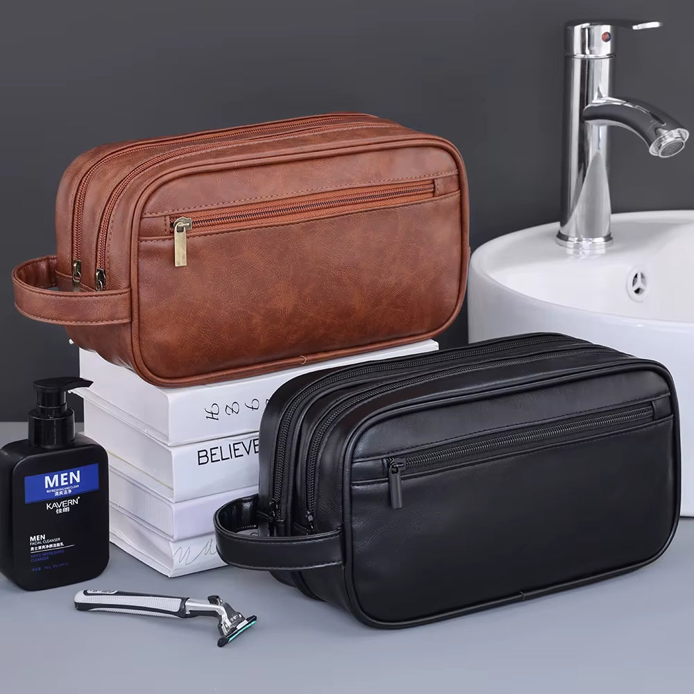 Double-Layer Toiletry Bag for Men PU Leather Travel Wash Organizer Dopp Kit Water-Resistant Shaving Cosmetic Bag Strorage