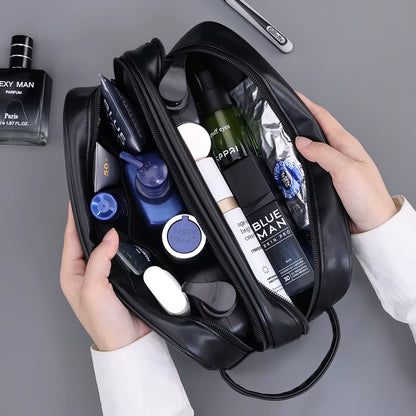 Double-Layer Toiletry Bag for Men PU Leather Travel Wash Organizer Dopp Kit Water-Resistant Shaving Cosmetic Bag Strorage